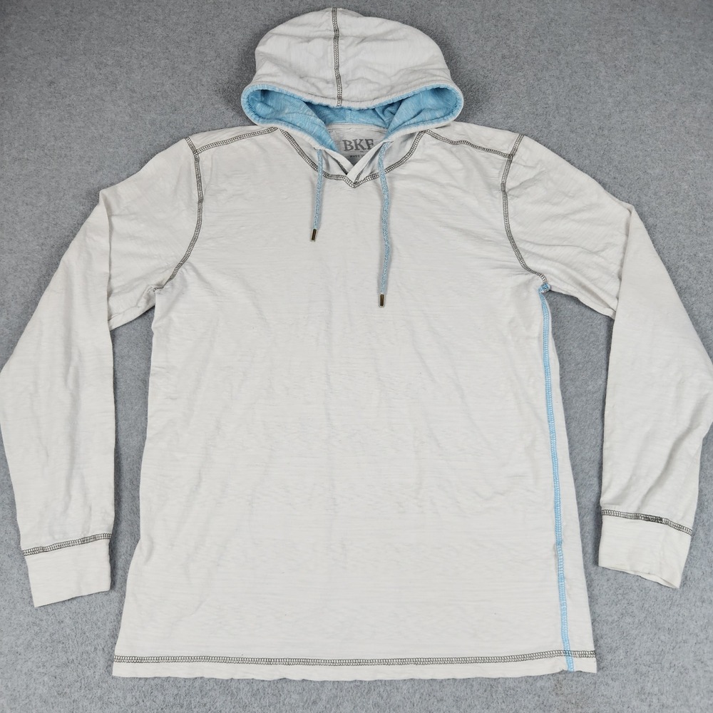 BKE Hooded Shirt Mens M White Cotton Slub Long Sleeve Contrast Stitch Pullover